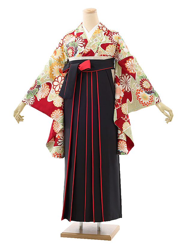 卒業式 袴 レンタル 女 女性 レンタル 卒業袴レンタル h919 赤波に菊×黒袴 卒業式袴セット 着物 レンタル 二尺袖 着物 袴 フルセット 女性 大人 大学生 専門学生 卒業式 謝恩会 新品足袋プレゼント 往復送料無料【レンタル】