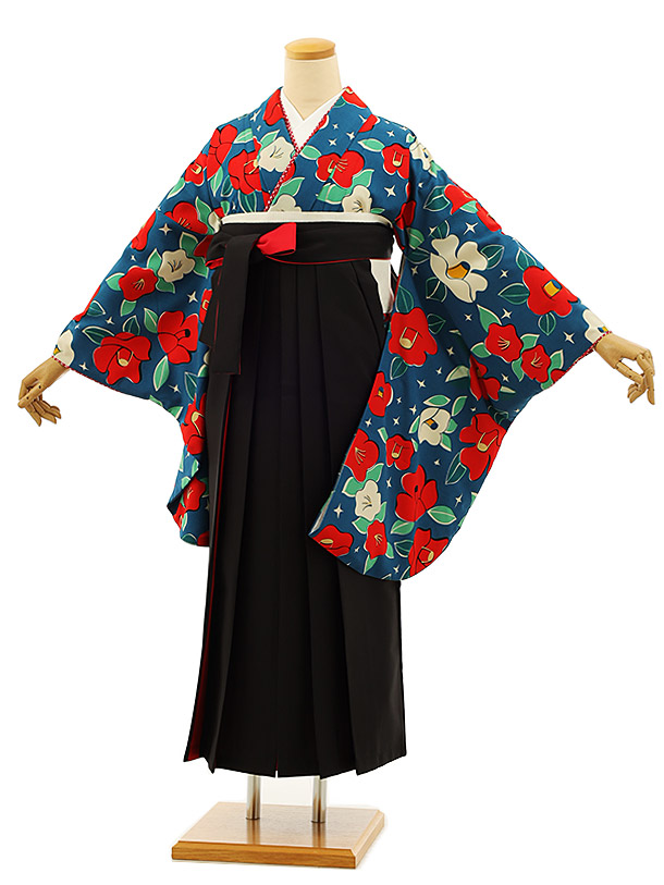 卒業式 袴 レンタル 女 女性 レンタル 卒業袴レンタル h1018 ターコイズ椿×黒赤袴 卒業式袴セット 着物 二尺袖 着物 袴 フルセット 女性 大人 大学生 専門学生 卒業式 謝恩会 新品足袋プレゼント 往復送料無料【レンタル】
