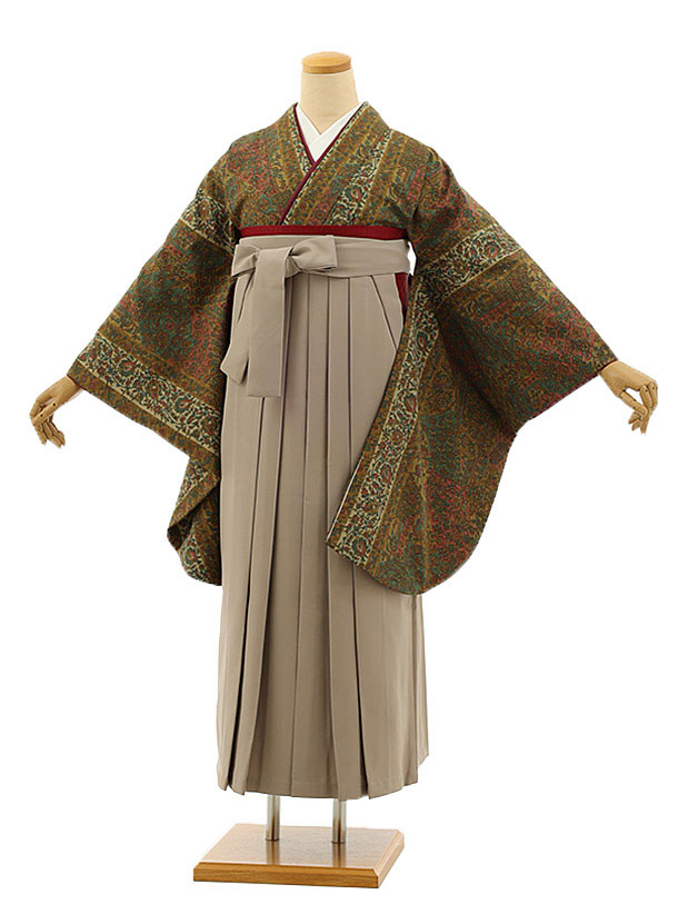 卒業式 袴 レンタル 女 女性 レンタル 卒業袴レンタル h1072 グリーン系更紗×モカ袴 卒業式袴セット レンタル 二尺袖 着物 袴 フルセット 女性 大人 大学生 専門学生 卒業式 謝恩会 新品足袋プレゼント 往復送料無料【レンタル】