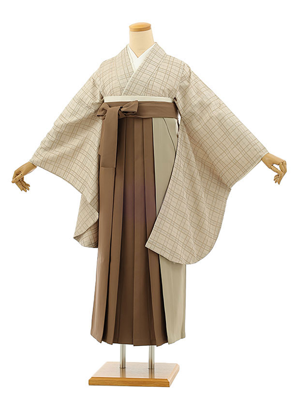 卒業式 袴 レンタル 女 女性 レンタル 卒業袴レンタル h1146 ベージュチェック&times;ベージュモカ茶袴 卒業式袴セット 着物 レンタル 二尺袖 着物 袴 フルセット 女性 大人 大学生 専門学生 卒業式 謝恩会 新品足袋プレゼント 往復送料無料【レンタル】｜京都かしいしょう