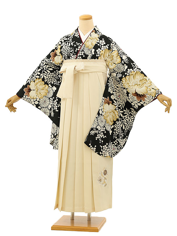 卒業式 袴 レンタル 女 女性 レンタル 卒業袴レンタル h1168 黒地花丸紋×アイボリー袴 卒業式袴セット 着物 レンタル 二尺袖 着物 袴 フルセット 女性 大人 大学生 専門学生 卒業式 謝恩会 新品足袋プレゼント 往復送料無料【レンタル】