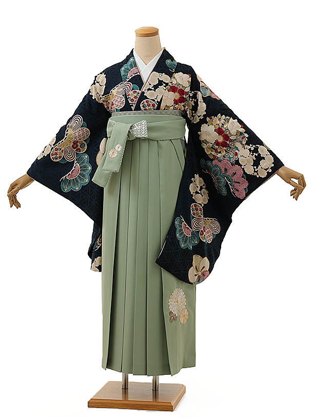 卒業式 袴 レンタル 女 女性 レンタル 卒業袴レンタル h1227 九重 松に花丸紋紺xミントグリーン ブランド 卒業式袴セット 二尺袖 着物 袴 フルセット 女性 大人 大学生 専門学生 卒業式 謝恩会 新品足袋プレゼント 往復送料無料【レンタル】