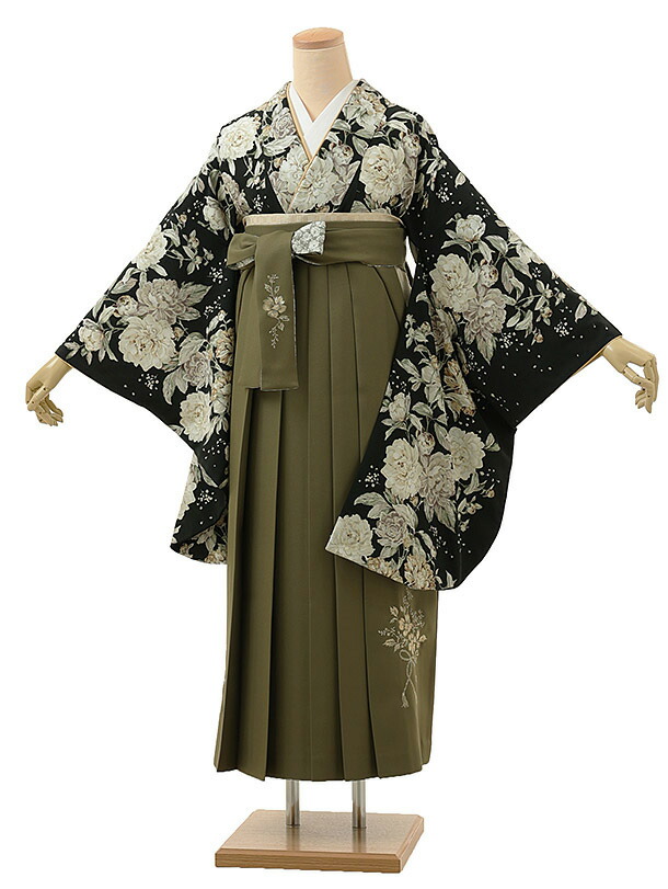 卒業式 袴 レンタル 女 女性 レンタル 卒業袴レンタル h1233 Kamishibai ロココ花黒xカーキ ブランド 卒業式袴セット 二尺袖 着物 袴 フルセット 女性 大人 大学生 専門学生 卒業式 謝恩会 新品足袋プレゼント 往復送料無料【レンタル】