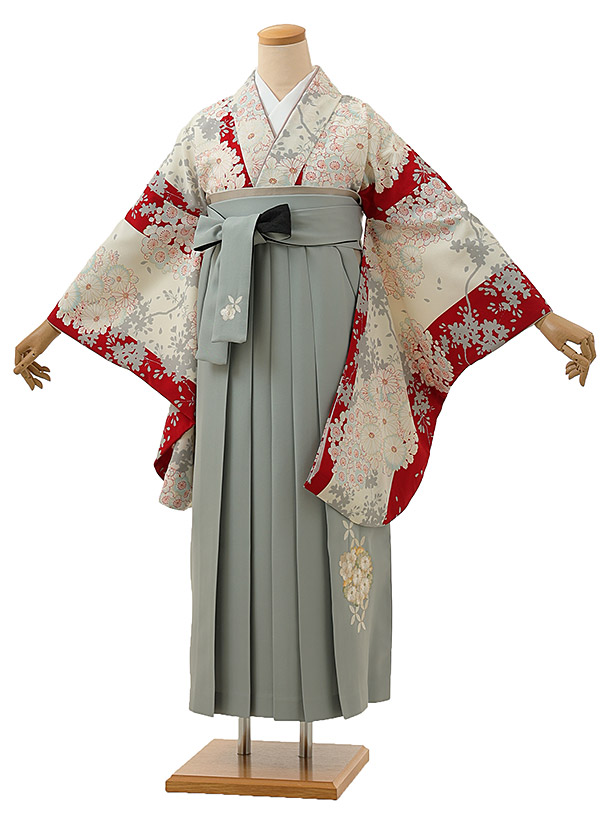 卒業式 袴 レンタル 女 女性 レンタル 卒業袴レンタル h1262 Kansai 縞に梅菊白赤xグレー ブランド 卒業式袴セット 着物 レンタル 二尺袖 着物 袴 フルセット 女性 大人 大学生 専門学生 卒業式 謝恩会 新品足袋プレゼント 往復送料無料【レンタル】