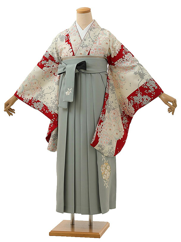 卒業式 袴 レンタル 女 女性 レンタル 卒業袴レンタル h1263 Kansai 縞に梅菊白赤xグレー ブランド 卒業式袴セット 着物 レンタル 二尺袖 着物 袴 フルセット 女性 大人 大学生 専門学生 卒業式 謝恩会 新品足袋プレゼント 往復送料無料【レンタル】