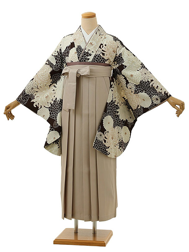 卒業式 袴 レンタル 女 女性 レンタル 卒業袴レンタル h1323 こげ茶菊xベージュ 着物 レンタル 二尺袖 着物 袴 フルセット 女性 大人 大学生 専門学生 卒業式 謝恩会 新品足袋プレゼント 往復送料無料【レンタル】