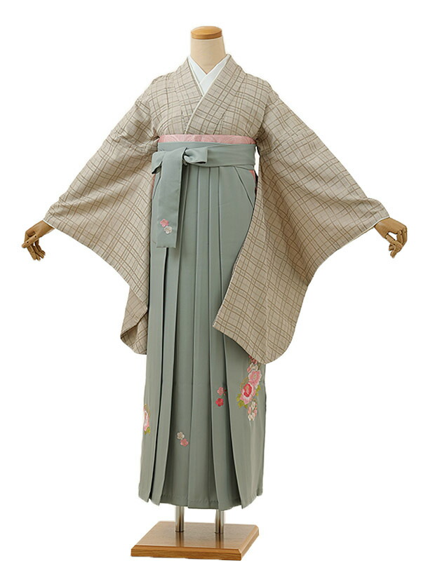 卒業式 袴 レンタル 女 女性 レンタル 卒業袴レンタル h1383 ベージュチェックxグレー 着物 レンタル 二尺袖 着物 袴 フルセット 女性 大人 大学生 専門学生 卒業式 謝恩会 新品足袋プレゼント 往復送料無料【レンタル】