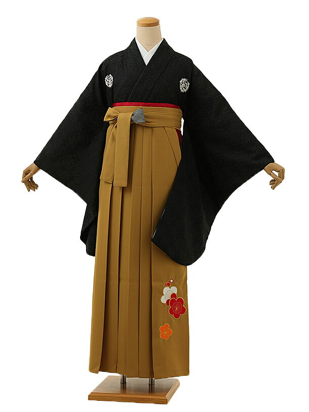 卒業式 袴 レンタル 女 女性 レンタル 卒業袴レンタル h1386 黒花紋x金茶 着物 レンタル 二尺袖 着物 袴 フルセット 女性 大人 大学生 専門学生 卒業式 謝恩会 新品足袋プレゼント 往復送料無料【レンタル】