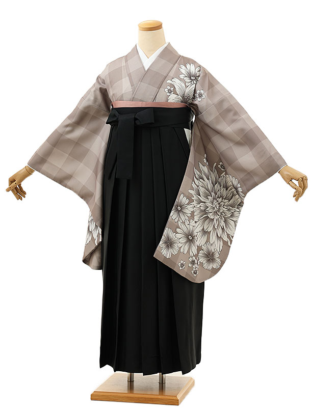 卒業式 袴 レンタル 女 女性 レンタル 卒業袴レンタル h1488グレージュチェックダリアx黒 着物 レンタル 二尺袖 着物 袴 フルセット 女性 大人 大学生 専門学生 卒業式 謝恩会 新品足袋プレゼント 往復送料無料【レンタル】