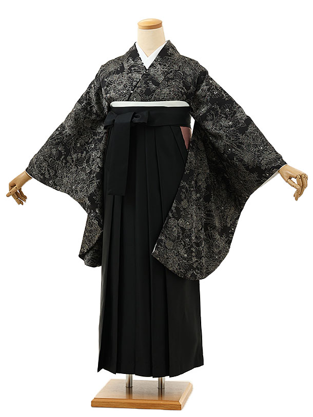 卒業式 袴 レンタル 女 女性 レンタル 卒業袴レンタル h1497黒地花x黒 着物 レンタル 二尺袖 着物 袴 フルセット 女性 大人 大学生 専門学生 卒業式 謝恩会 新品足袋プレゼント 往復送料無料【レンタル】