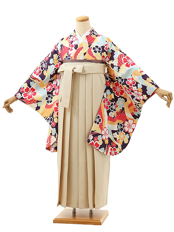 卒業式 袴 レンタル 女 女性 レンタル 卒業袴レンタル h1610 パープル桜 鶴×アイボリー 着物 レンタル 二尺袖 着物 袴 フルセット 女性 大人 大学生 専門学生 卒業式 謝恩会 新品足袋プレゼント 往復送料無料【レンタル】