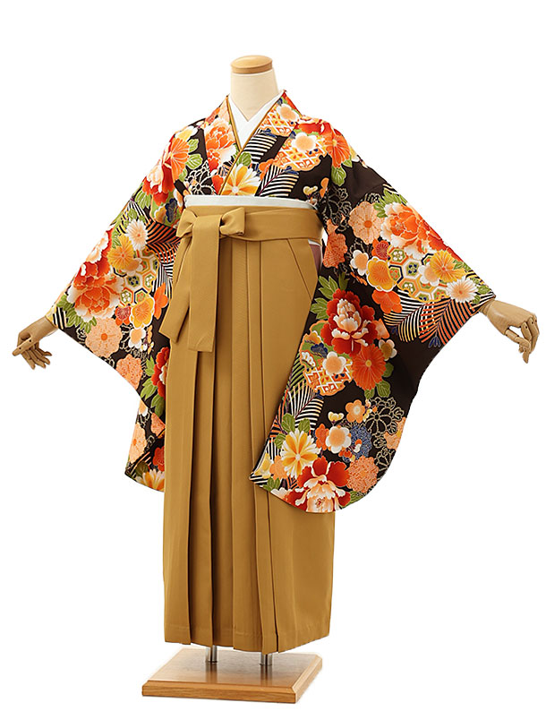 卒業式 袴 レンタル 女 女性 レンタル 卒業袴レンタル h1685　濃茶菊牡丹×からし 着物 レンタル 二尺袖 着物 袴 フルセット 女性 大人 大学生 専門学生 卒業式 謝恩会 新品足袋プレゼント 往復送料無料【レンタル】