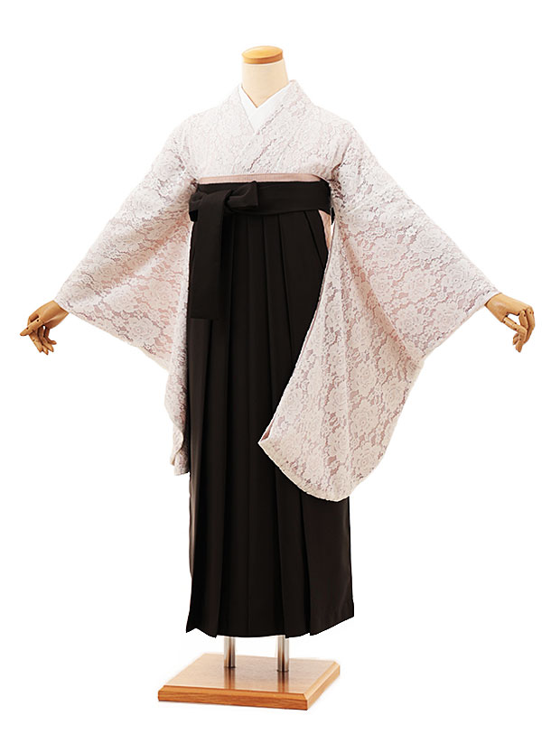 卒業式 袴 レンタル 女 女性 レンタル 卒業袴レンタル h1740　ピンクベージュレース×チャコール 着物 レンタル 二尺袖 着物 袴 フルセット 女性 大人 大学生 専門学生 卒業式 謝恩会 新品足袋プレゼント 往復送料無料【レンタル】