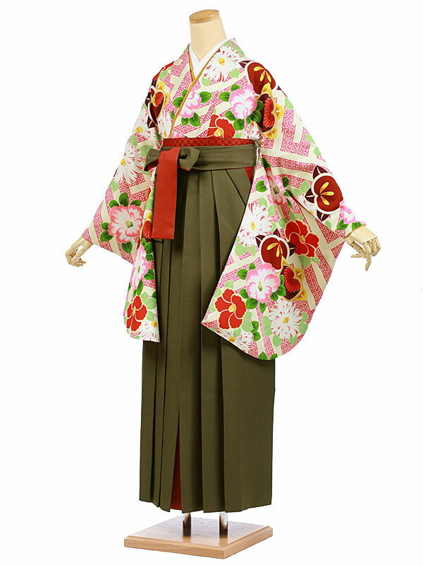 卒業式 袴 レンタル 女 女性 レンタル 卒業袴レンタル h969 クリームピンク椿×モスグリーン袴 卒業式袴セット 着物 二尺袖 着物 袴 フルセット 女性 大人 大学生 専門学生 卒業式 謝恩会 新品足袋プレゼント 往復送料無料【レンタル】