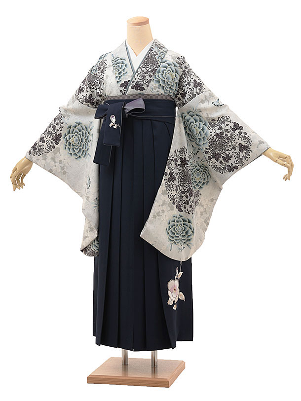 卒業式 袴 レンタル 女 女性 レンタル 卒業袴レンタル h1780　そしてゆめ 東洋牡丹(灰青)×椿刺繍(紺) ブランド 着物 レンタル 二尺袖 着物 袴 フルセット 女性 大人 大学生 専門学生 卒業式 謝恩会 新品足袋プレゼント 往復送料無料【レンタル】