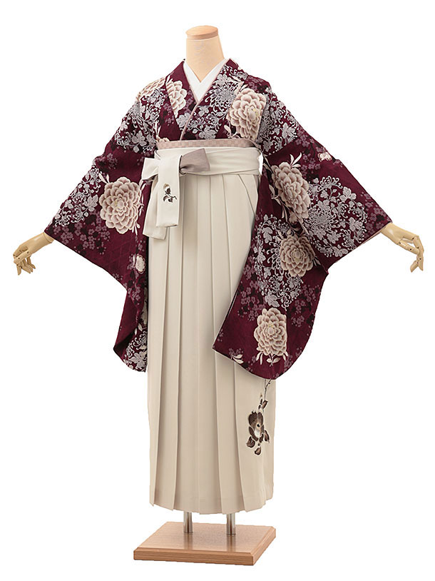 卒業式 袴 レンタル 女 女性 レンタル 卒業袴レンタル h1788　そしてゆめ 東洋牡丹(葡萄色)×椿刺繍(白) ブランド 着物 レンタル 二尺袖 着物 袴 フルセット 女性 大人 大学生 専門学生 卒業式 謝恩会 新品足袋プレゼント 往復送料無料【レンタル】