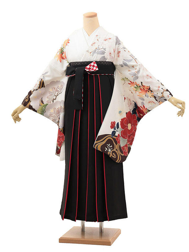 卒業式 袴 レンタル 女 女性 レンタル 卒業袴レンタル h1870 白八重桜椿×黒赤 着物 レンタル 二尺袖 着物 袴 フルセット 女性 大人 大学生 専門学生 卒業式 謝恩会 新品足袋プレゼント 往復送料無料【レンタル】