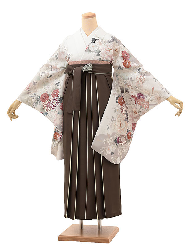 卒業式 袴 レンタル 女 女性 レンタル 卒業袴レンタル h1874 白 四季花×茶アイボリー 着物 レンタル 二尺袖 着物 袴 フルセット 女性 大人 大学生 専門学生 卒業式 謝恩会 新品足袋プレゼント 往復送料無料【レンタル】