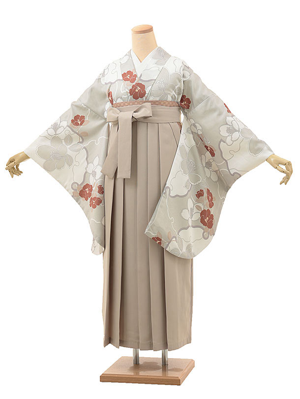 卒業式 袴 レンタル 女 女性 レンタル 卒業袴レンタル h1885 グレー地 椿×ピンクベージュ 着物 レンタル 二尺袖 着物 袴 フルセット 女性 大人 大学生 専門学生 卒業式 謝恩会 新品足袋プレゼント 往復送料無料【レンタル】