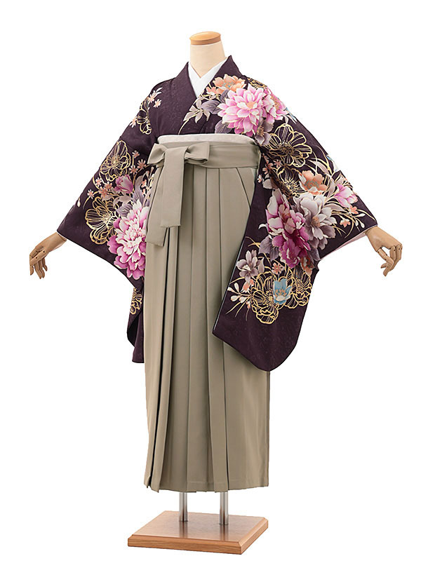 卒業式 袴 レンタル 女 女性 レンタル 卒業袴レンタル h1909 ブラウンパープル牡丹×ベージュ 着物 レンタル 二尺袖 着物 袴 フルセット 女性 大人 大学生 専門学生 卒業式 謝恩会 新品足袋プレゼント 往復送料無料【レンタル】