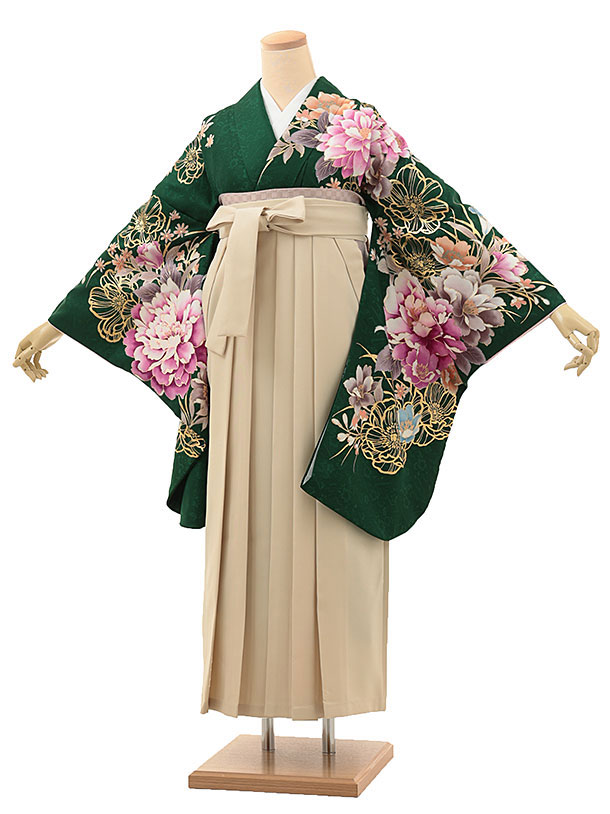 卒業式 袴 レンタル 女 女性 レンタル 卒業袴レンタル h1913 グリーン牡丹×アイボリー 着物 レンタル 二尺袖 着物 袴 フルセット 女性 大人 大学生 専門学生 卒業式 謝恩会 新品足袋プレゼント 往復送料無料【レンタル】