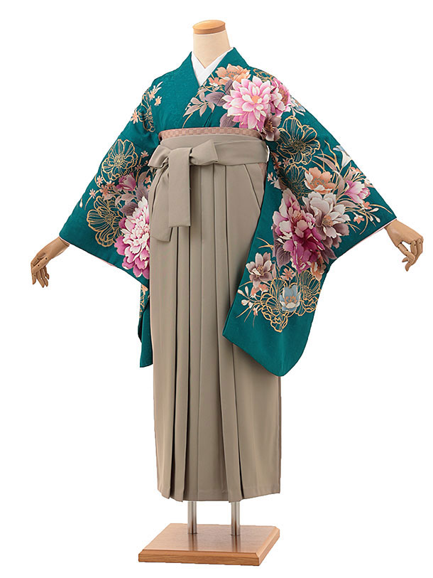 卒業式 袴 レンタル 女 女性 レンタル 卒業袴レンタル h1915 エメラルド牡丹×ベージュ 着物 レンタル 二尺袖 着物 袴 フルセット 女性 大人 大学生 専門学生 卒業式 謝恩会 新品足袋プレゼント 往復送料無料【レンタル】