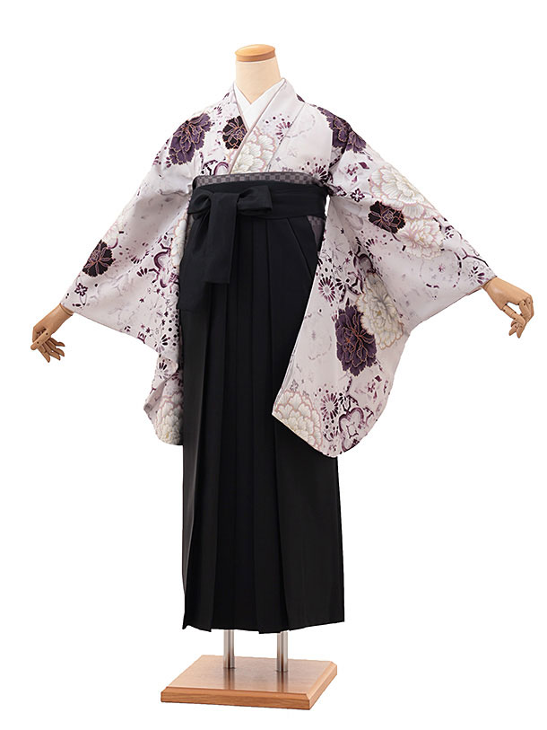 卒業式 袴 レンタル 女 女性 レンタル 卒業袴レンタル h1962 薄パープル牡丹×黒 着物 レンタル 二尺袖 着物 袴 フルセット 女性 大人 大学生 専門学生 卒業式 謝恩会 新品足袋プレゼント 往復送料無料【レンタル】