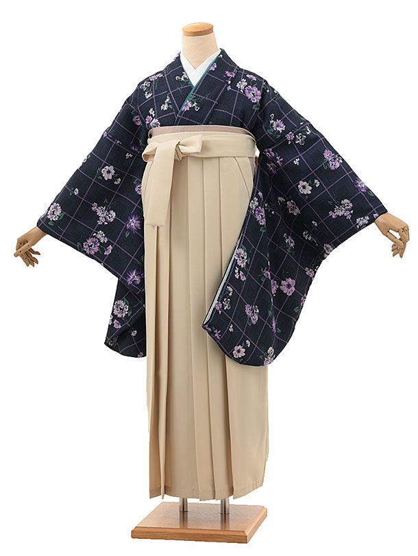 卒業式 袴 レンタル 女 女性 レンタル 卒業袴レンタル h1994 ネイビーパープル花×アイボリー 着物 レンタル 二尺袖 着物 袴 フルセット 女性 大人 大学生 専門学生 卒業式 謝恩会 新品足袋プレゼント 往復送料無料【レンタル】