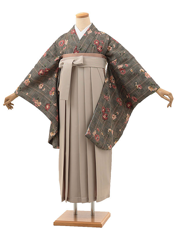 卒業式 袴 レンタル 女 女性 レンタル 卒業袴レンタル hV008 黒グレンチェック花×ベージュ 着物 レンタル 二尺袖 着物 袴 フルセット 女性 大人 大学生 専門学生 卒業式 謝恩会 新品足袋プレゼント 往復送料無料【レンタル】