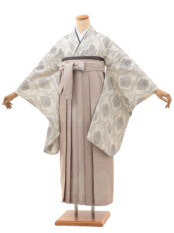 卒業式 袴 レンタル 女 女性 レンタル 卒業袴レンタル hV014 オフホワイトダマスク柄×ピンクパープルラメ花 着物 レンタル 二尺袖 着物 袴 フルセット 女性 大人 大学生 専門学生 卒業式 謝恩会 新品足袋プレゼント 往復送料無料【レンタル】
