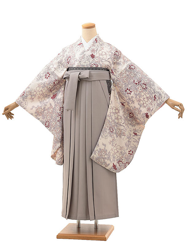 卒業式 袴 レンタル 女 女性 レンタル 卒業袴レンタル hV092　アイボリー　花×グレージュ 着物 レンタル 二尺袖 着物 袴 フルセット 女性 大人 大学生 専門学生 卒業式 謝恩会 新品足袋プレゼント 往復送料無料【レンタル】