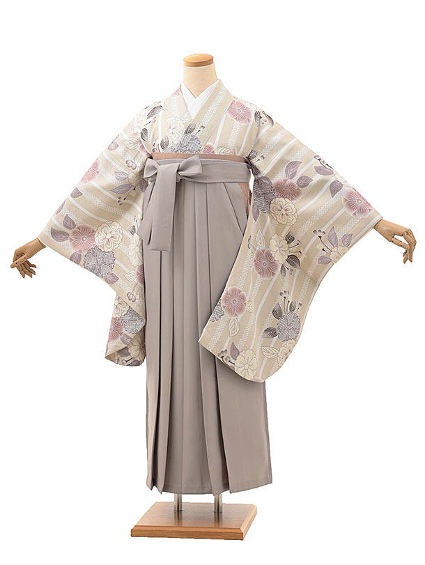 卒業式 袴 レンタル 女 女性 レンタル 卒業袴レンタル hV096　ベージュストライプ　花×グレージュ 着物 レンタル 二尺袖 着物 袴 フルセット 女性 大人 大学生 専門学生 卒業式 謝恩会 新品足袋プレゼント 往復送料無料【レンタル】