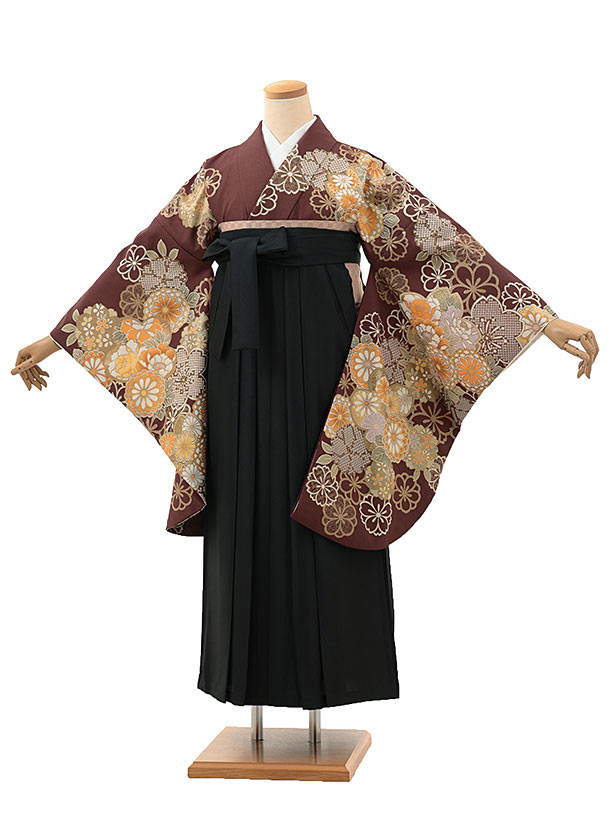 卒業式 袴 レンタル 女 女性 レンタル 卒業袴レンタル hV117　ブラウン　花づくし×黒 着物 レンタル 二尺袖 着物 袴 フルセット 女性 大人 大学生 専門学生 卒業式 謝恩会 新品足袋プレゼント 往復送料無料【レンタル】