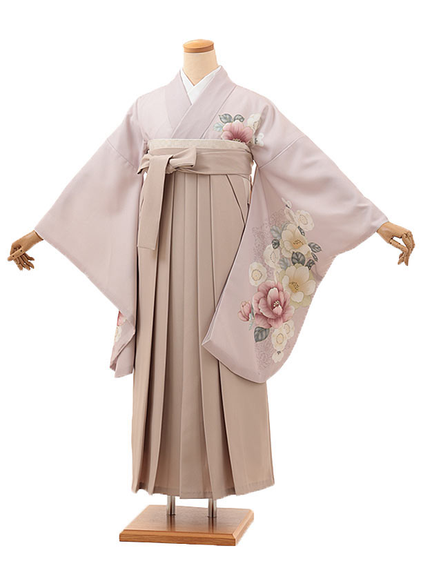 卒業式 袴 レンタル 女 女性 レンタル 卒業袴レンタル hV122　薄パープルピンク　椿×ベージュ 着物 レンタル 二尺袖 着物 袴 フルセット 女性 大人 大学生 専門学生 卒業式 謝恩会 新品足袋プレゼント 往復送料無料【レンタル】