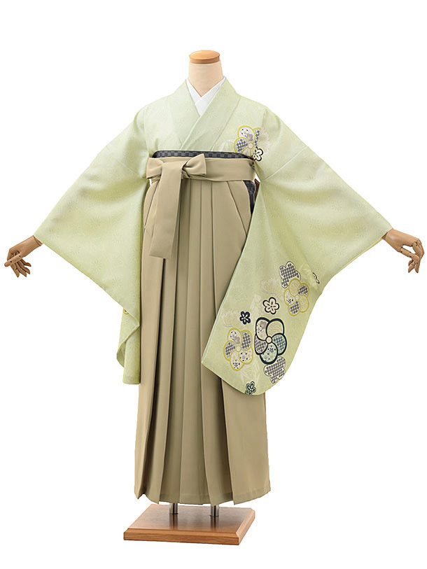 卒業式 袴 レンタル 女 女性 レンタル 卒業袴レンタル hV130　ヒワ色　ねじり梅×キャメルベージュ 着物 レンタル 二尺袖 着物 袴 フルセット 女性 大人 大学生 専門学生 卒業式 謝恩会 新品足袋プレゼント 往復送料無料【レンタル】