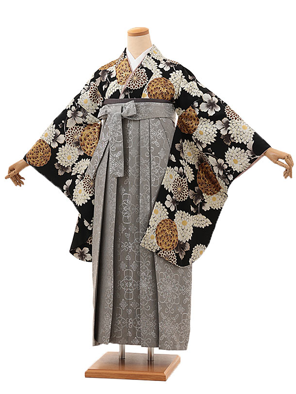 卒業式 袴 レンタル 女 女性 レンタル 卒業袴レンタル hV147　黒地 菊×シルバーグレー 着物 レンタル 二尺袖 着物 袴 フルセット 女性 大人 大学生 専門学生 卒業式 謝恩会 新品足袋プレゼント 往復送料無料【レンタル】