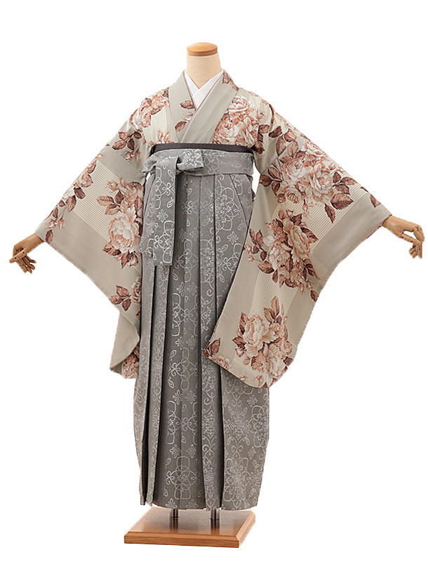 卒業式 袴 レンタル 女 女性 レンタル 卒業袴レンタル hV150　グレージュ薔薇×シルバーグレー 着物 レンタル 二尺袖 着物 袴 フルセット 女性 大人 大学生 専門学生 卒業式 謝恩会 新品足袋プレゼント 往復送料無料【レンタル】