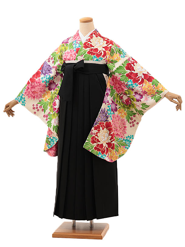 卒業式 袴 レンタル 女 女性 レンタル 卒業袴レンタル hV157【正絹】クリーム　花づくし×黒 着物 レンタル 二尺袖 着物 袴 フルセット 女性 大人 大学生 専門学生 卒業式 謝恩会 新品足袋プレゼント 往復送料無料【レンタル】