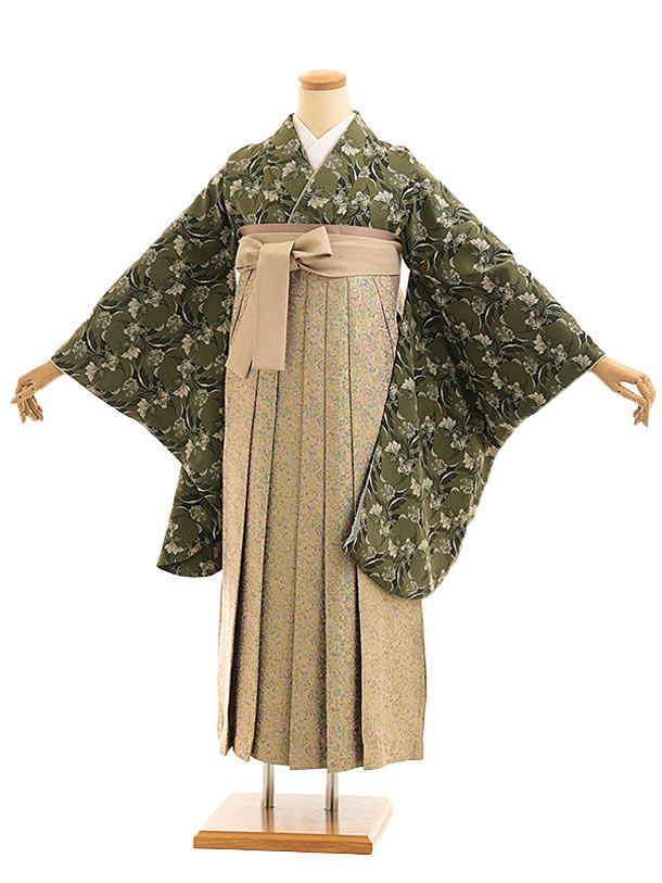卒業式 袴 レンタル 女 女性 レンタル 卒業袴レンタル 1722　グリーン洋花×メタルグリーンピンク花 着物 レンタル 二尺袖 着物 袴 フルセット 女性 大人 大学生 専門学生 卒業式 謝恩会 新品足袋プレゼント 往復送料無料【レンタル】