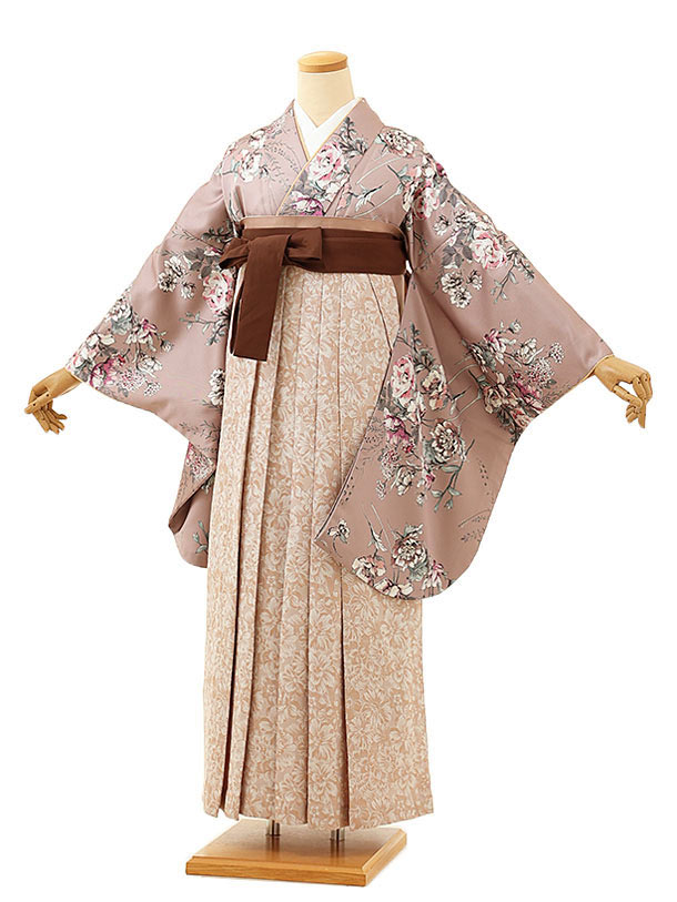 卒業式 袴 レンタル 女 女性 レンタル 卒業袴レンタル 1723　グレイッシュピンクアネモネ×ピンク花 着物 レンタル 二尺袖 着物 袴 フルセット 女性 大人 大学生 専門学生 卒業式 謝恩会 新品足袋プレゼント 往復送料無料【レンタル】