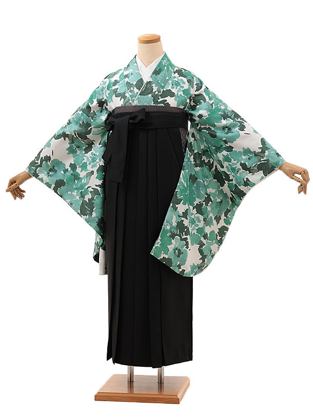 卒業式 袴 レンタル 女 女性 レンタル 卒業袴レンタル V211　白ｸﾞﾘｰﾝ ﾊﾟｽﾃﾙ 花×黒 着物 レンタル 二尺袖 着物 袴 フルセット 女性 大人 大学生 専門学生 卒業式 謝恩会 新品足袋プレゼント 往復送料無料【レンタル】