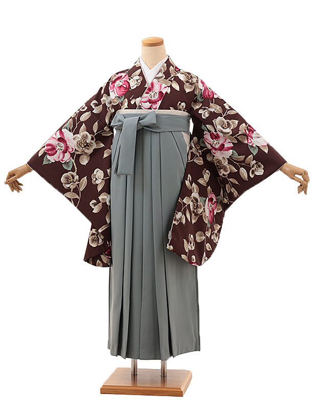 卒業式 袴 レンタル 女 女性 レンタル 卒業袴レンタル V217　ブラウン地 椿&times;グレー 着物 レンタル 二尺袖 着物 袴 フルセット 女性 大人 大学生 専門学生 卒業式 謝恩会 新品足袋プレゼント 往復送料無料【レンタル】｜京都かしいしょう 10,804円