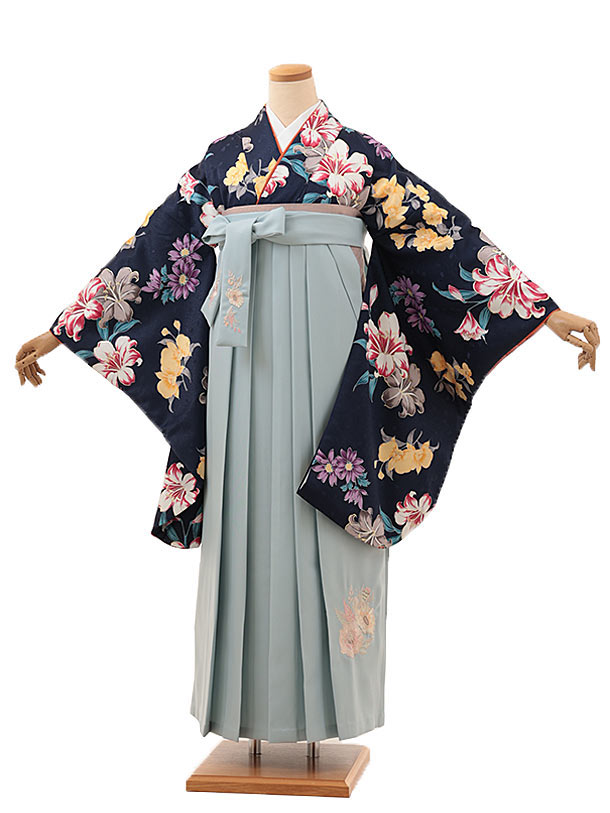 卒業式 袴 レンタル 女 女性 レンタル 卒業袴レンタル V262　紺地花×水色 着物 レンタル 二尺袖 着物 袴 フルセット 女性 大人 大学生 専門学生 卒業式 謝恩会 新品足袋プレゼント 往復送料無料【レンタル】