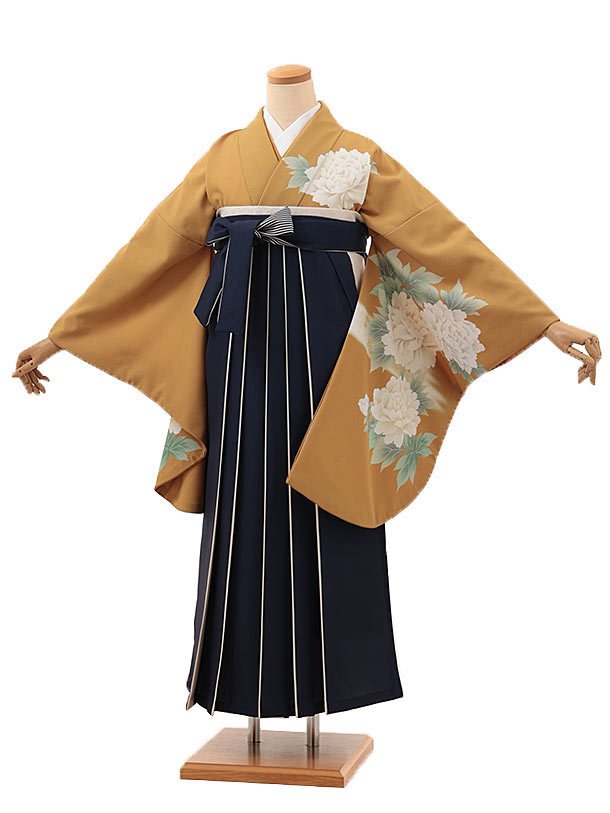 卒業式 袴 レンタル 女 女性 レンタル 卒業袴レンタル V280　からし 花×紺アイボリー 着物 レンタル 二尺袖 着物 袴 フルセット 女性 大人 大学生 専門学生 卒業式 謝恩会 新品足袋プレゼント 往復送料無料【レンタル】