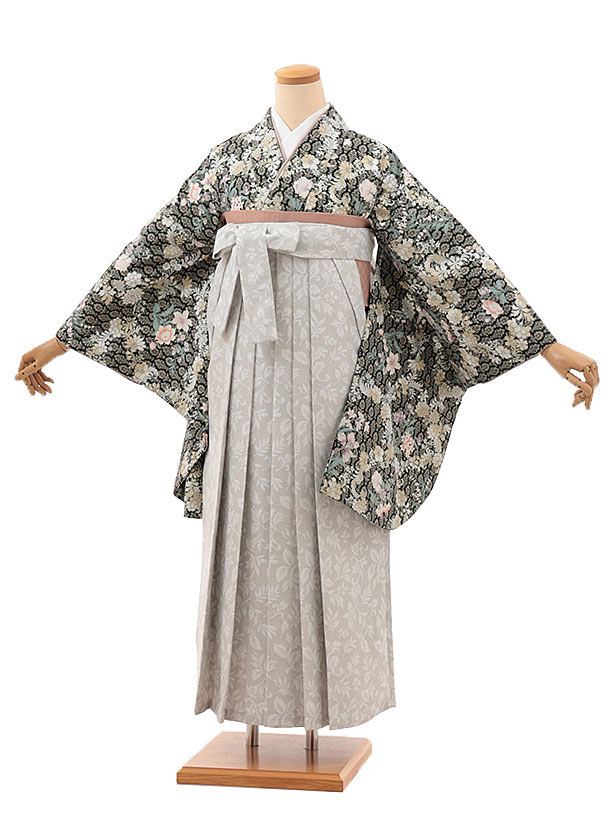 卒業式 袴 レンタル 女 女性 レンタル 卒業袴レンタル V330　黒ベージュ 小花×薄グレー小花 着物 レンタル 二尺袖 着物 袴 フルセット 女性 大人 大学生 専門学生 卒業式 謝恩会 新品足袋プレゼント 往復送料無料【レンタル】