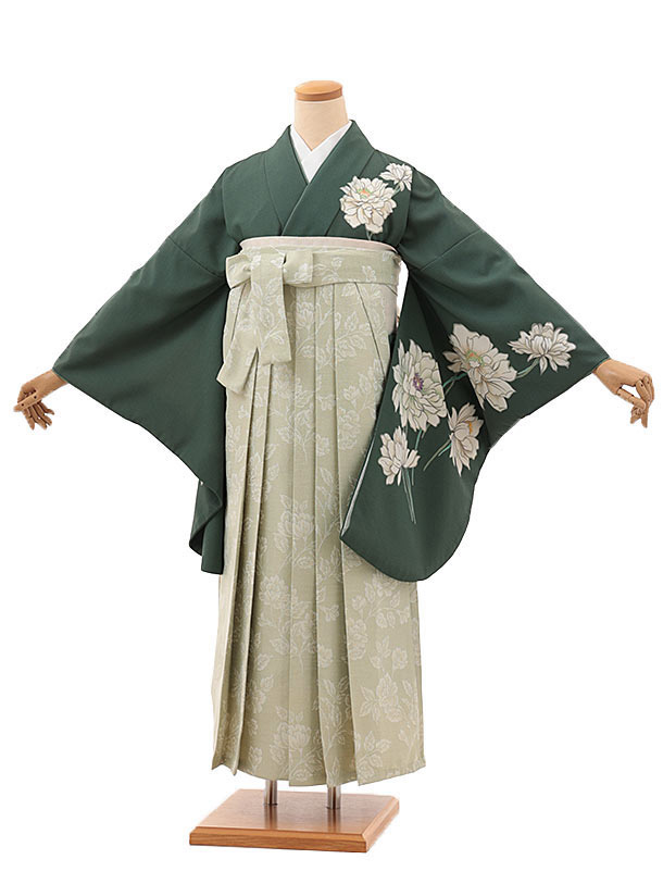 卒業式 袴 レンタル 女 女性 レンタル 卒業袴レンタル V335　グリーン 花×薄グリーン花 着物 レンタル 二尺袖 着物 袴 フルセット 女性 大人 大学生 専門学生 卒業式 謝恩会 新品足袋プレゼント 往復送料無料【レンタル】