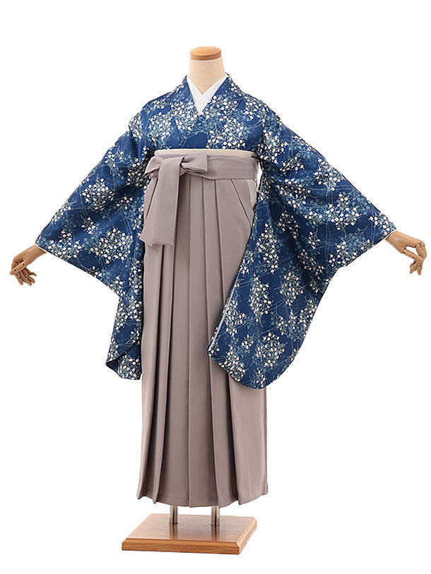 卒業式 袴 レンタル 女 女性 レンタル 卒業袴レンタル V344　ブルー かすみ草×グレージュ 着物 レンタル 二尺袖 着物 袴 フルセット 女性 大人 大学生 専門学生 卒業式 謝恩会 新品足袋プレゼント 往復送料無料【レンタル】