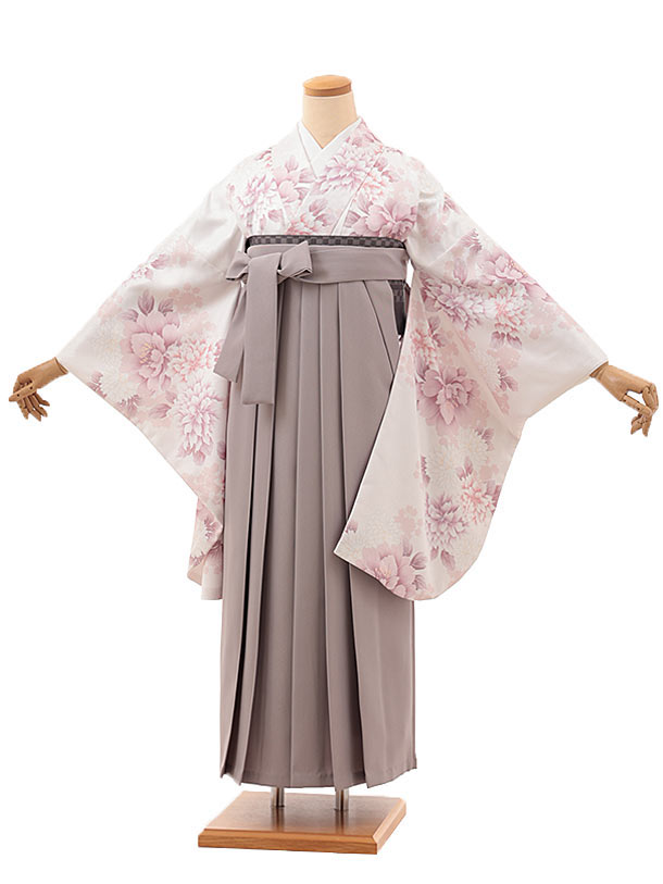 卒業式 袴 レンタル 女 女性 レンタル 卒業袴レンタル V354　白地 花×グレージュ 着物 レンタル 二尺袖 着物 袴 フルセット 女性 大人 大学生 専門学生 卒業式 謝恩会 新品足袋プレゼント 往復送料無料【レンタル】