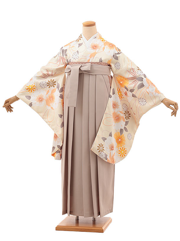 卒業式 袴 レンタル 女 女性 レンタル 卒業袴レンタル V367　うす黄色 花×ベージュ 着物 レンタル 二尺袖 着物 袴 フルセット 女性 大人 大学生 専門学生 卒業式 謝恩会 新品足袋プレゼント 往復送料無料【レンタル】