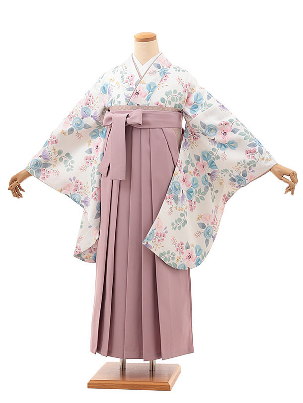 卒業式 袴 レンタル 女 女性 レンタル 卒業袴レンタル V376　白パステルブーケ×ピンクパープル 着物 レンタル 二尺袖 着物 袴 フルセット 女性 大人 大学生 専門学生 卒業式 謝恩会 新品足袋プレゼント 往復送料無料【レンタル】